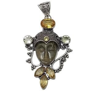Sterling Silver Bali Goddess Pendant with Citrine and Prasiolite Gems